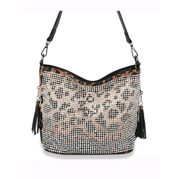 Stunning Rhinestone Embellished Leopard Black Handbag Hobo Purse 11x8x4 - Picture 1 of 8